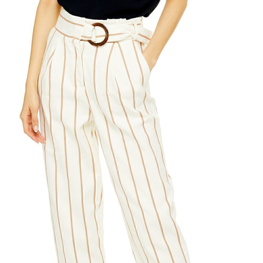 topshop Wilma Stripe Peg Trousers Pants Belted Crop Beige Tan - Picture 2 of 5